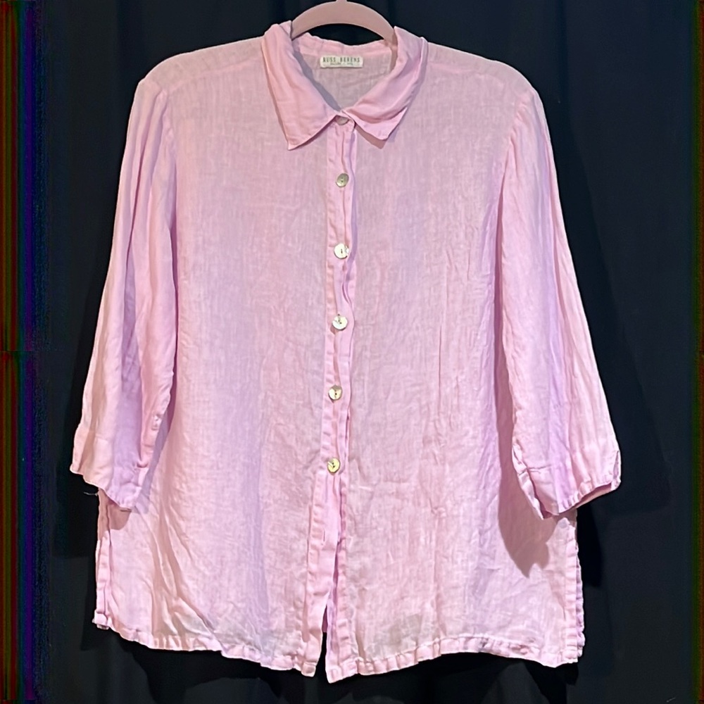 Russ Berens orchid linen 3/4 sleeve mother of pearl button front blouse w/flaws